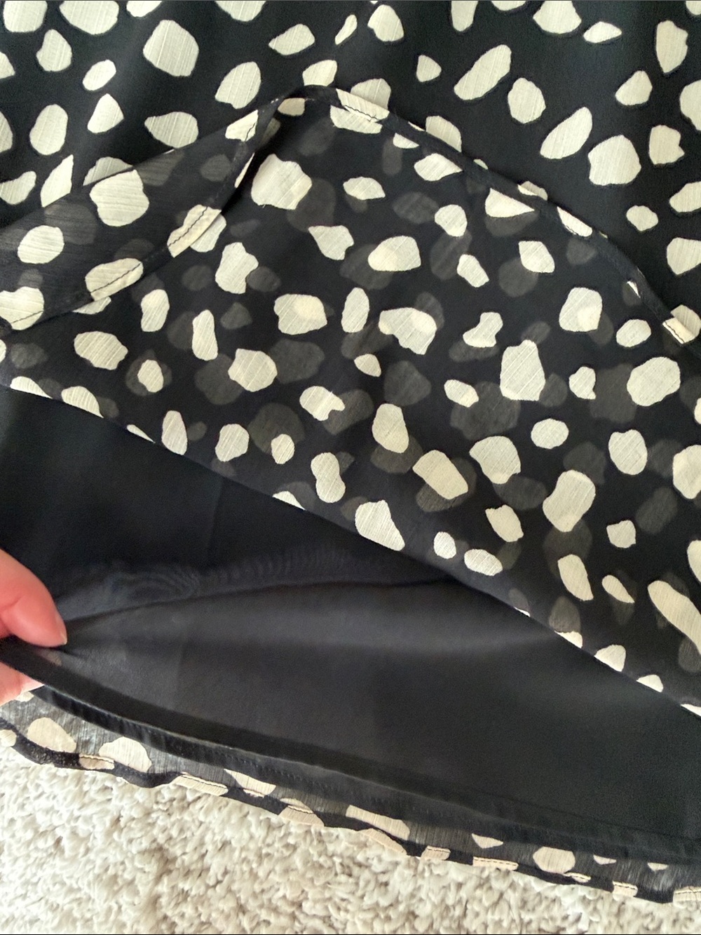 LOFT Black Blouse with Beige Spot Print and Ruffle Neck - Picture 4 of 8